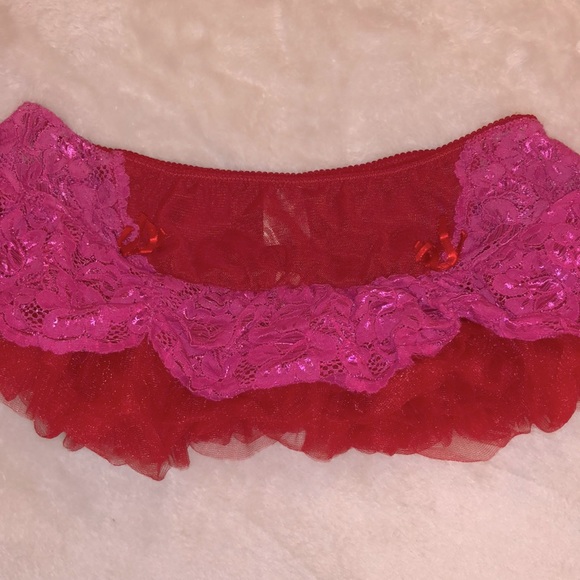 NWT Raveware Lingerie Red Mesh & Pink Lace Toole Ruffle Booty Skirt - Size Small - Picture 1 of 8